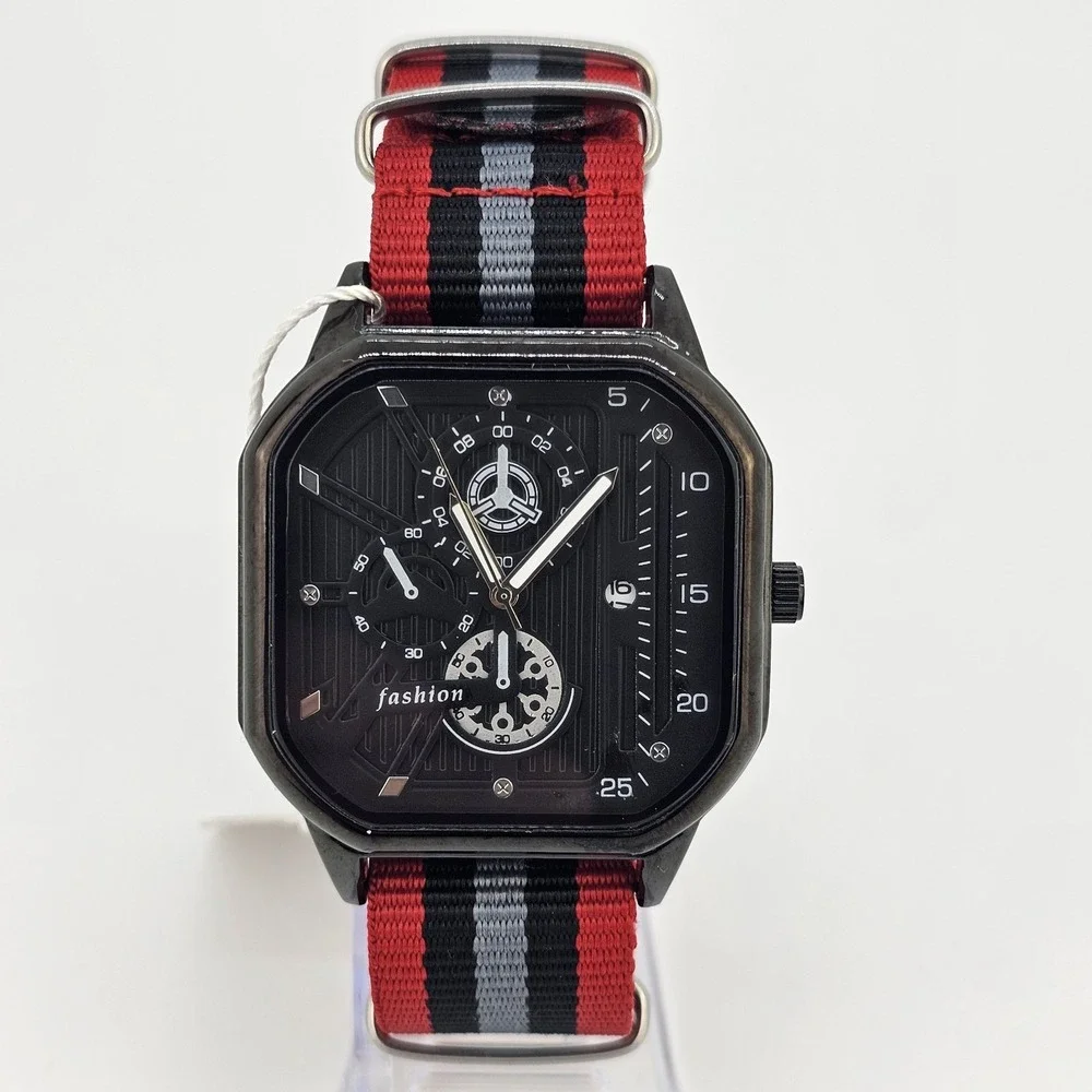 42MM Men's Watch‎ Black Dial Date Red Black Gray Canvas Band Strap New Battery
